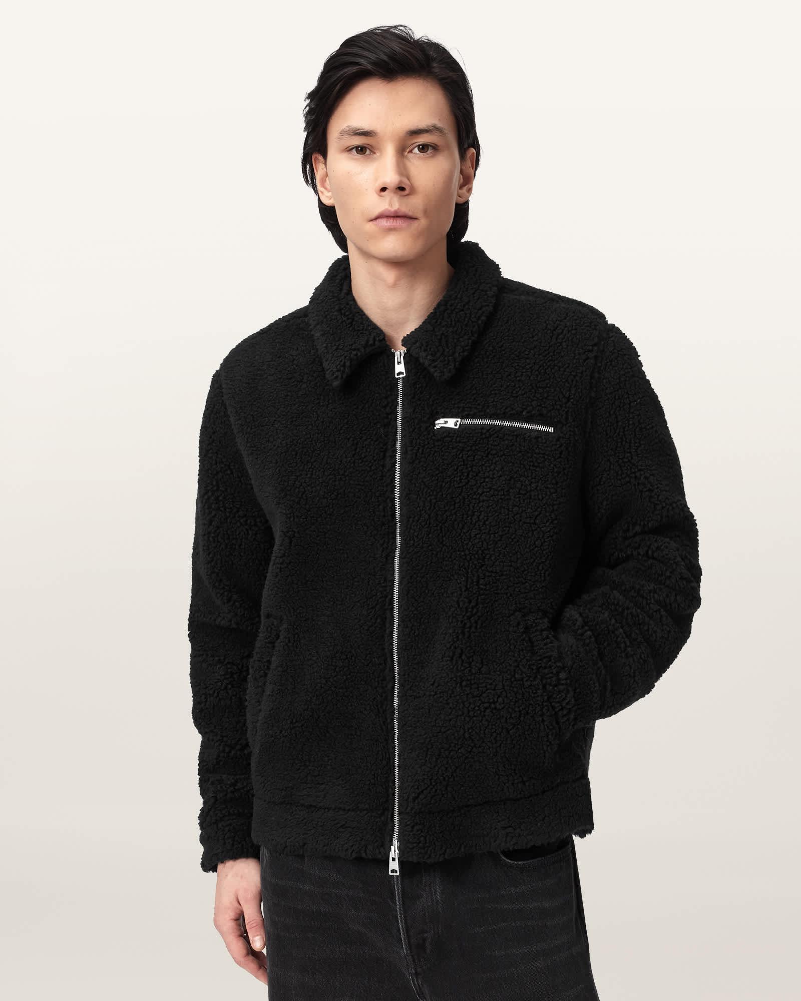 Otis Sleeveless Sherpa Jacket Dark Khaki Green | ALLSAINTS US Product Image