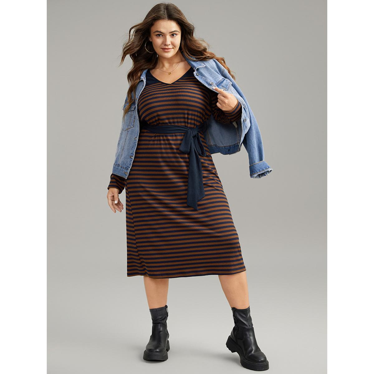 Plus Size Rib Knit Belted Patchwork Contrast Dress DarkBrown Women Casual Belted V-neck Long Sleeve Curvy Midi Dress BloomChic 18-20/2X Product Image