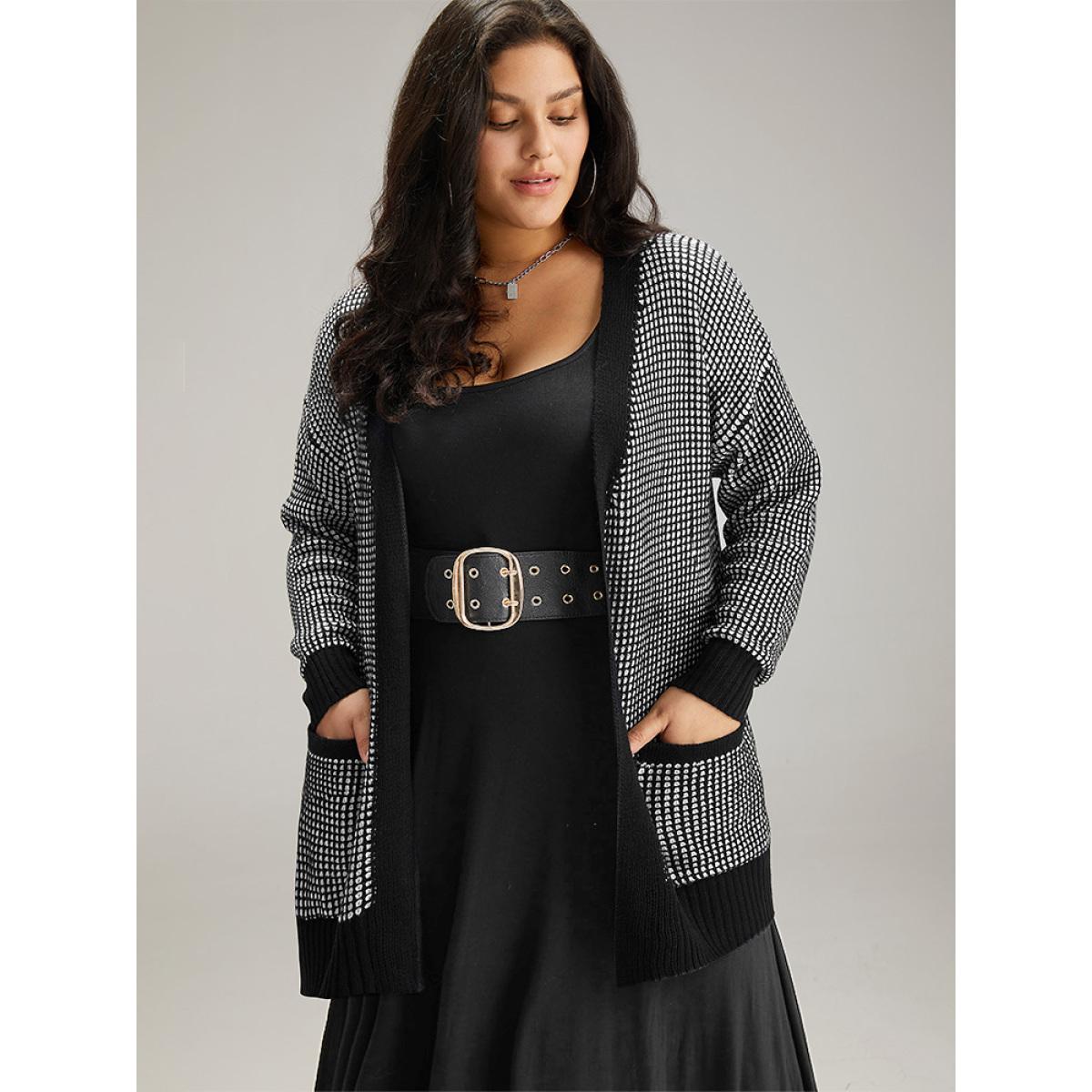 Plus Size Polka Dot Patched Pocket Drop Shoulder Cardigan Black Women Basics Loose Long Sleeve Dailywear Cardigans BloomChic 30/6X Product Image