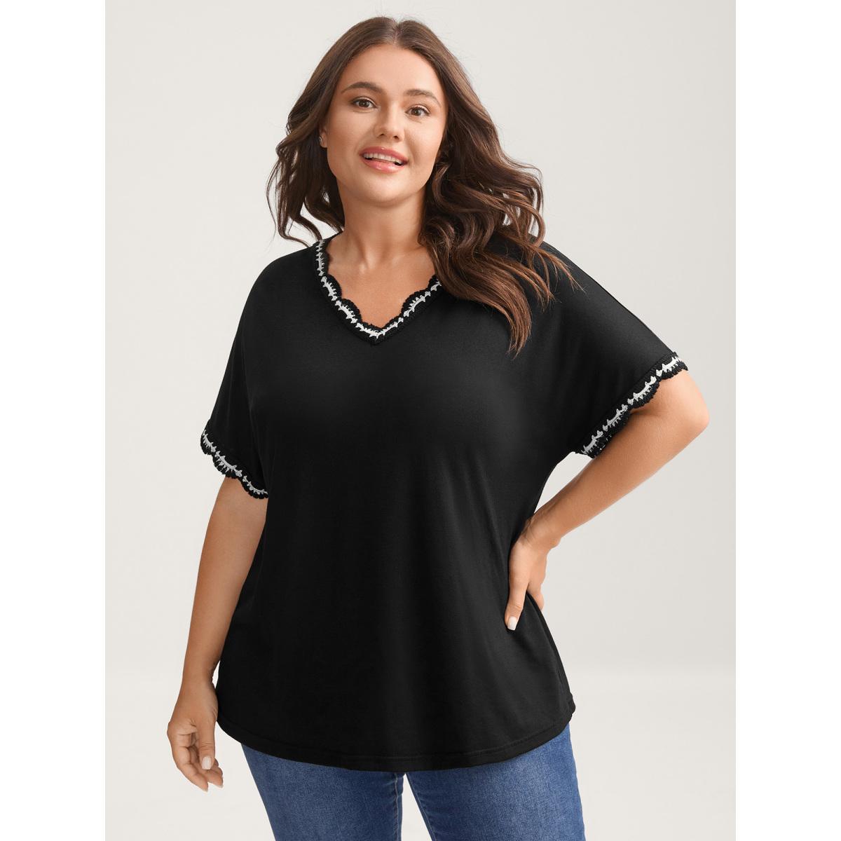 Plus Size Supersoft Stretchy Scalloped Neck Solid T-Shirt Black Women Leisure Woven ribbon&lace trim V-neck Casual T-shirts BloomChic 12/L Product Image