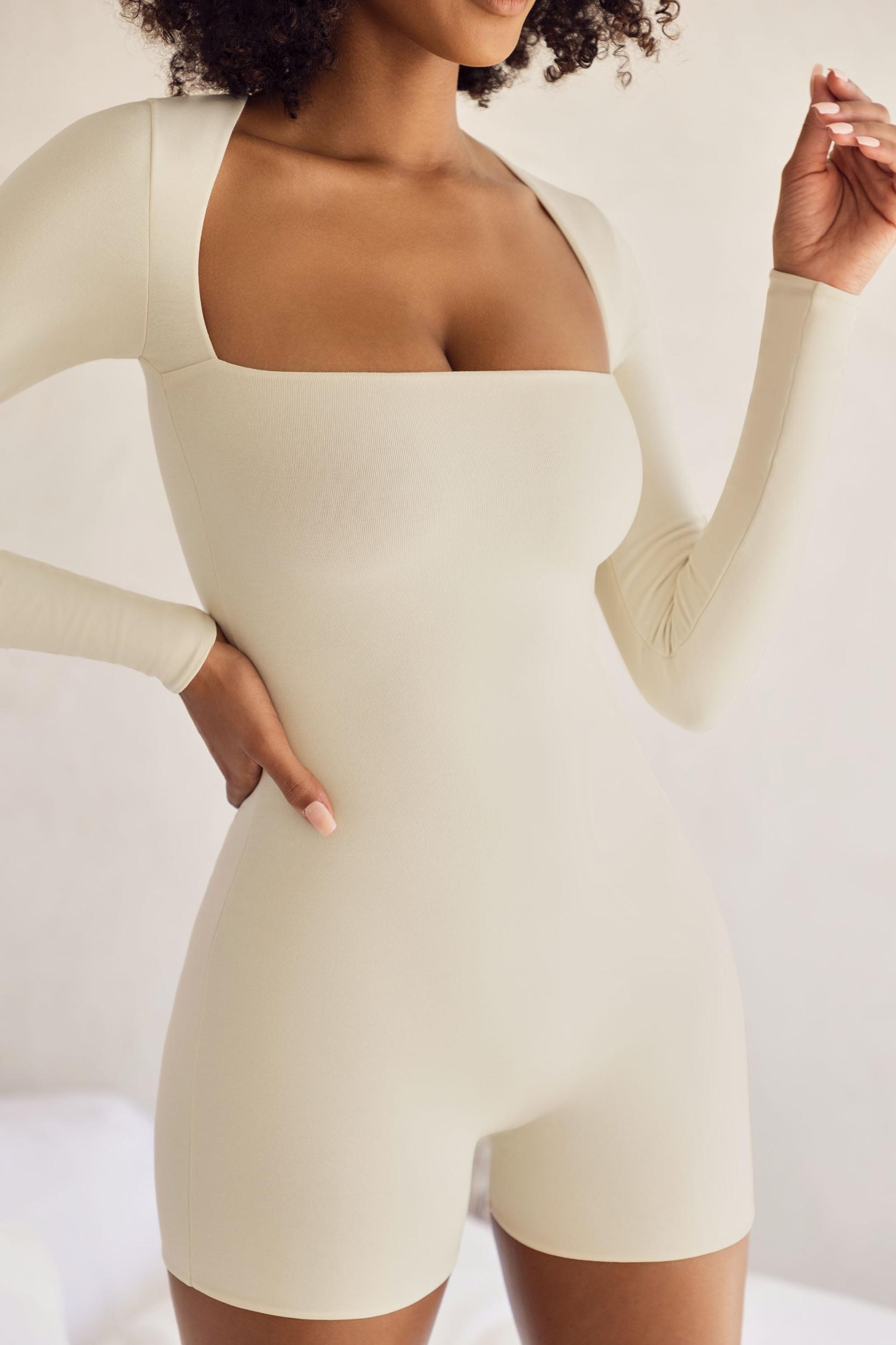 Long Sleeve Square Neck Unitard in Ivory Product Image