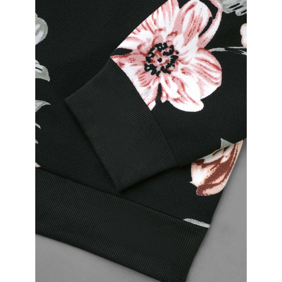 Plus Size Big Flowers Crew Neck Elastic Sweatshirt Women Black Elegant Contrast Round Neck Everyday Sweatshirts BloomChic 10/M Product Image