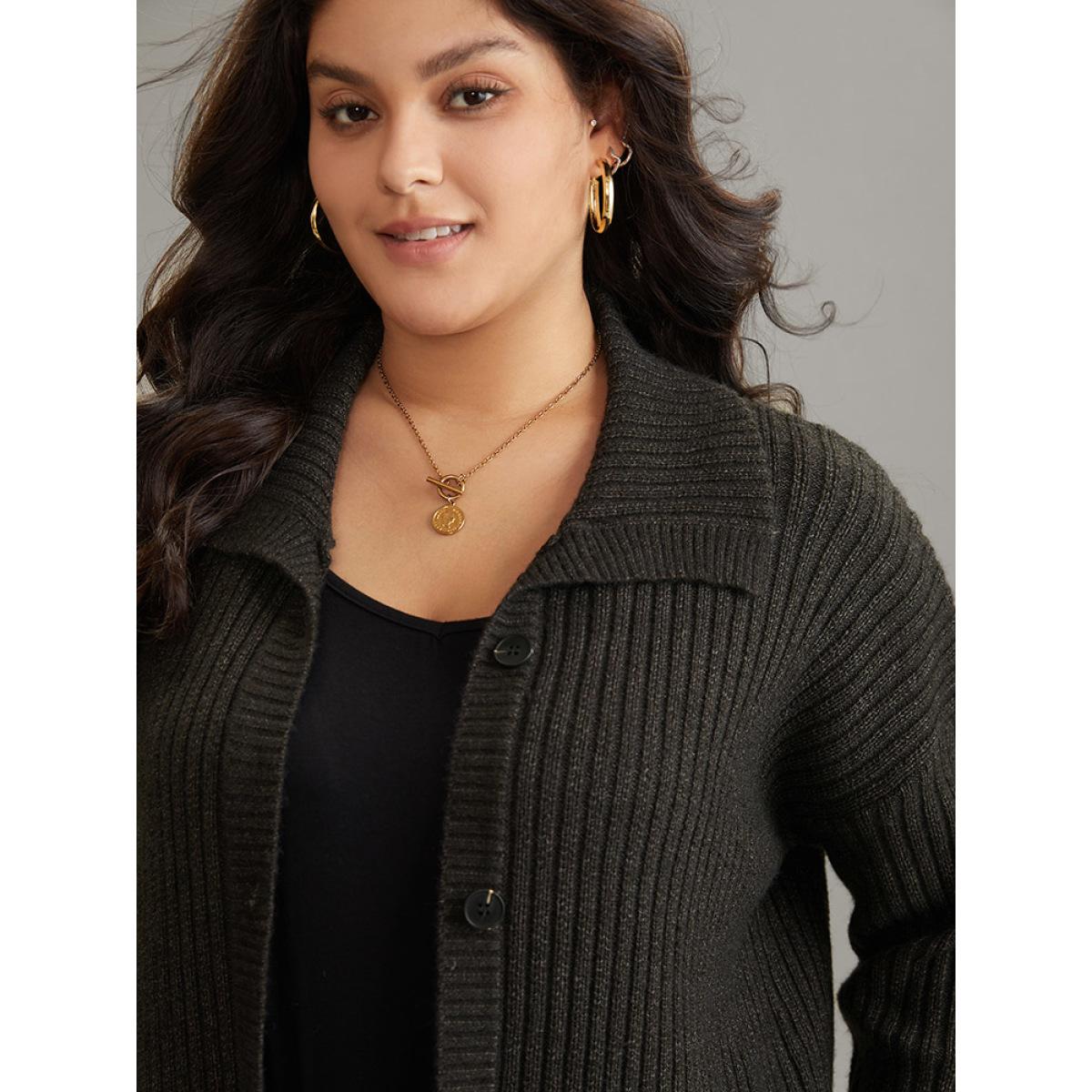 Plus Size Anti-Pilling Textured Button Up Lapel Collar Cardigan Black Women Casual Loose Long Sleeve Everyday Cardigans BloomChic 26/4X Product Image