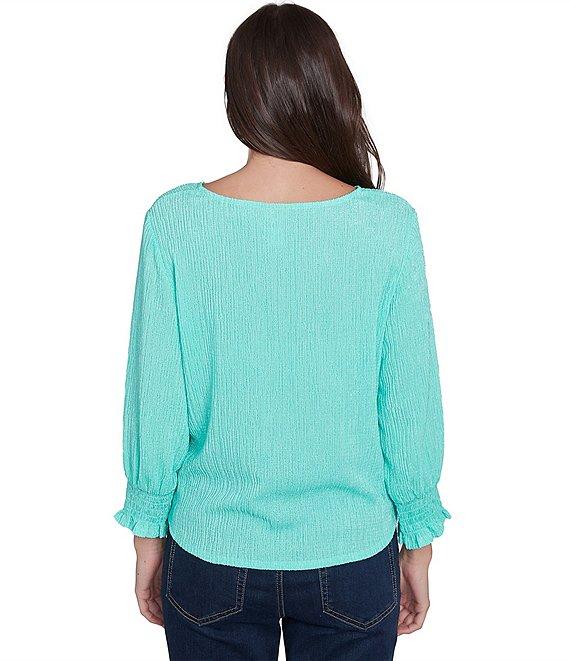 Ruby Rd. Petite Size Knit Crinkle Keyhole Neck Bar 3/4 Sleeve Tie-Front Top Product Image