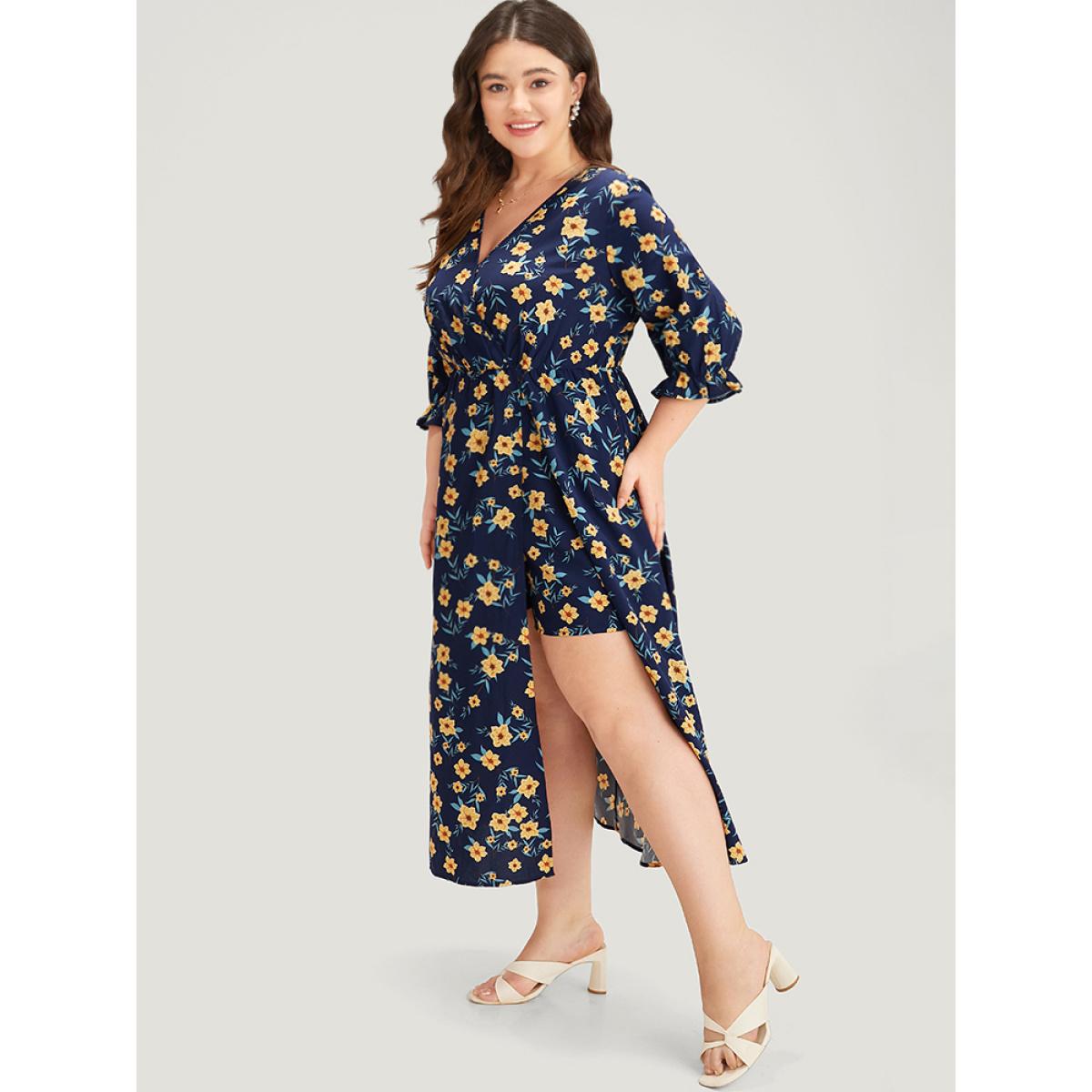 Plus Size Indigo Floral Print Pocket V Neck Wrap Split Hem Jumpsuit Women Elegant Half Sleeve V-neck Dailywear Loose Jumpsuits BloomChic 14-16/1X Product Image
