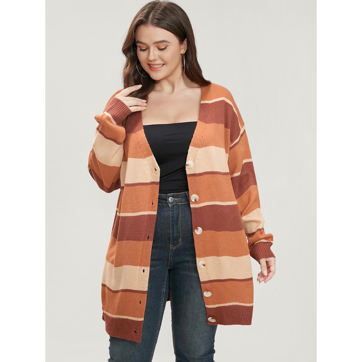 Plus Size Colorblock Contrast Pointelle Knit Button Front Cardigan Bronze Women Casual Long Sleeve Dailywear Cardigans BloomChic 14-16/1X Product Image