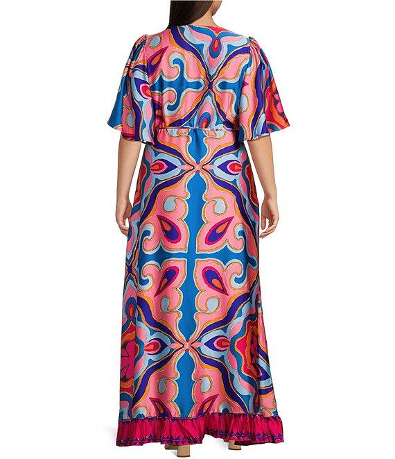 Sugarlips Plus Medallion Border Print Short Sleeve Faux-Wrap High-Low-Hem Satin Long Dress Product Image