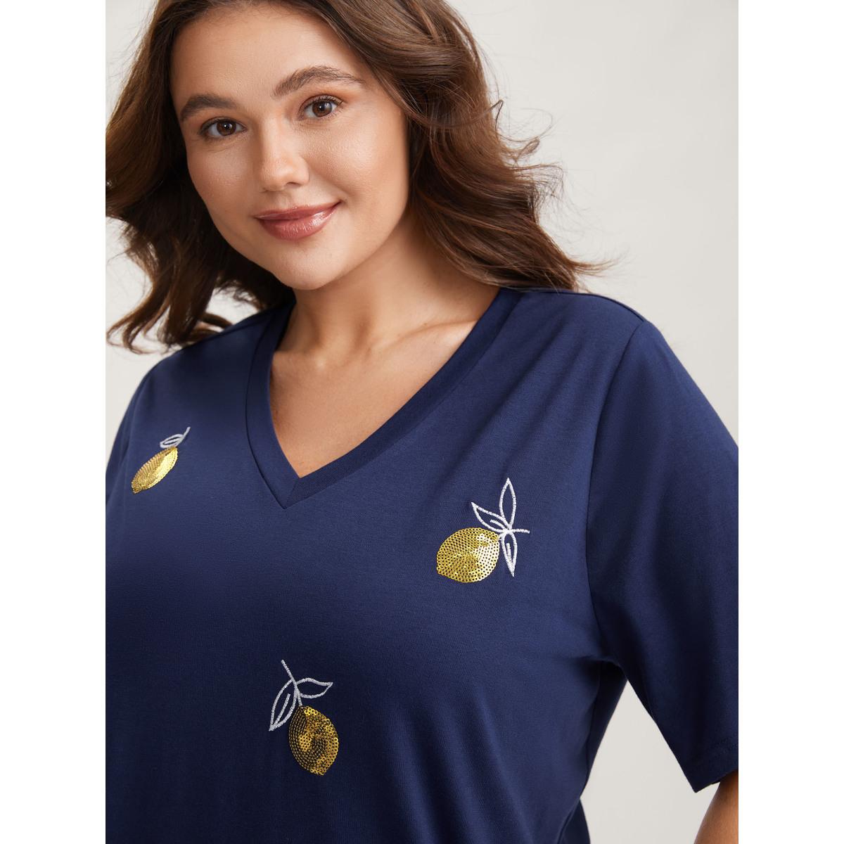 Plus Size Citrus Embroidered Shimmery Solid T-Shirt Indigo Women Embroidered V-neck Everyday-Casual T-shirts BloomChic 18-20/2X Product Image