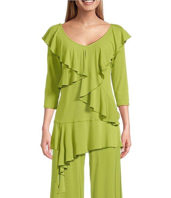 Eva Varro Knit Jersey V-Neck 3/4 Sleeve Asymmetric Ruffled Tunic Product Image