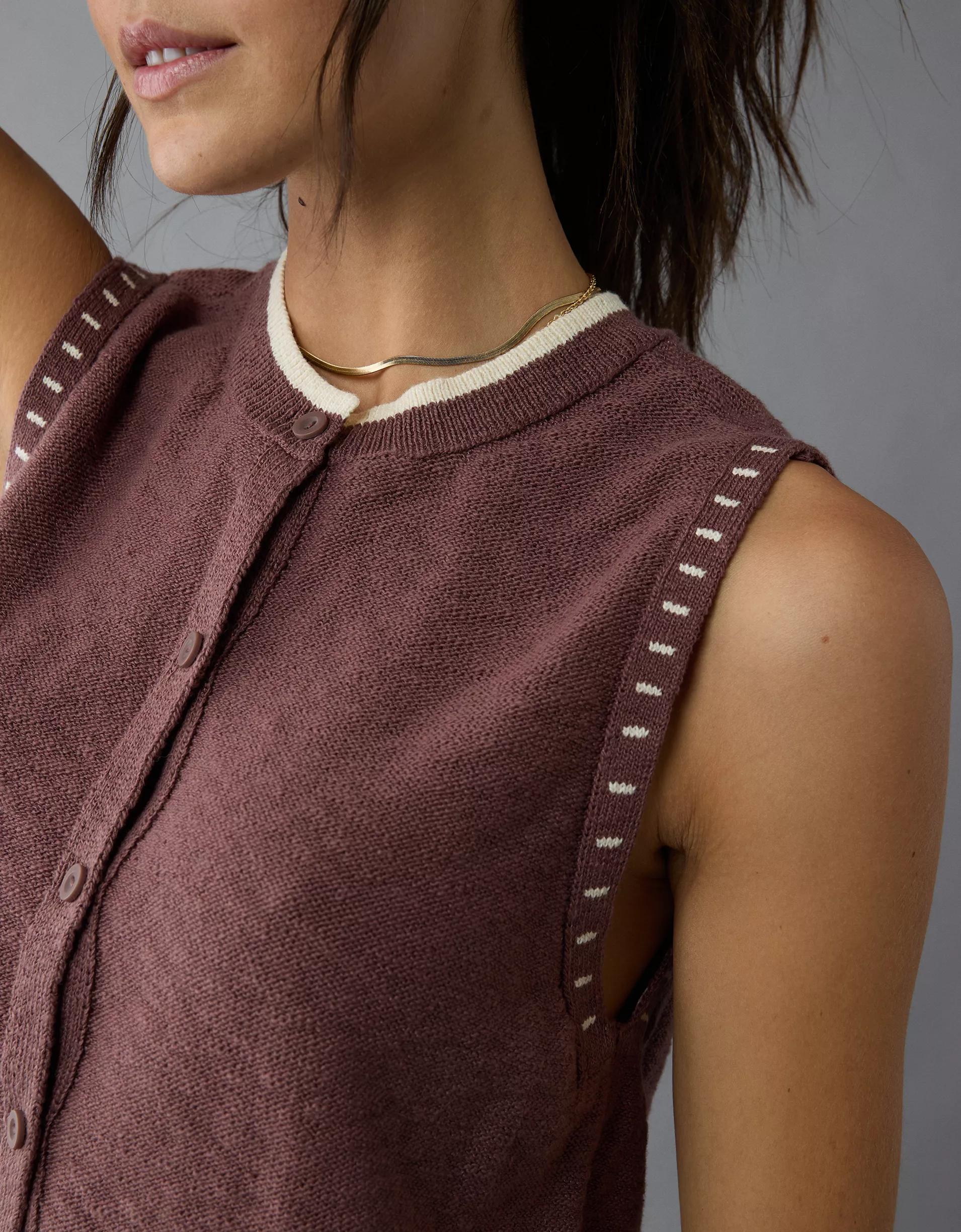 AE Crew Neck Button-Up Sweater Vest Product Image