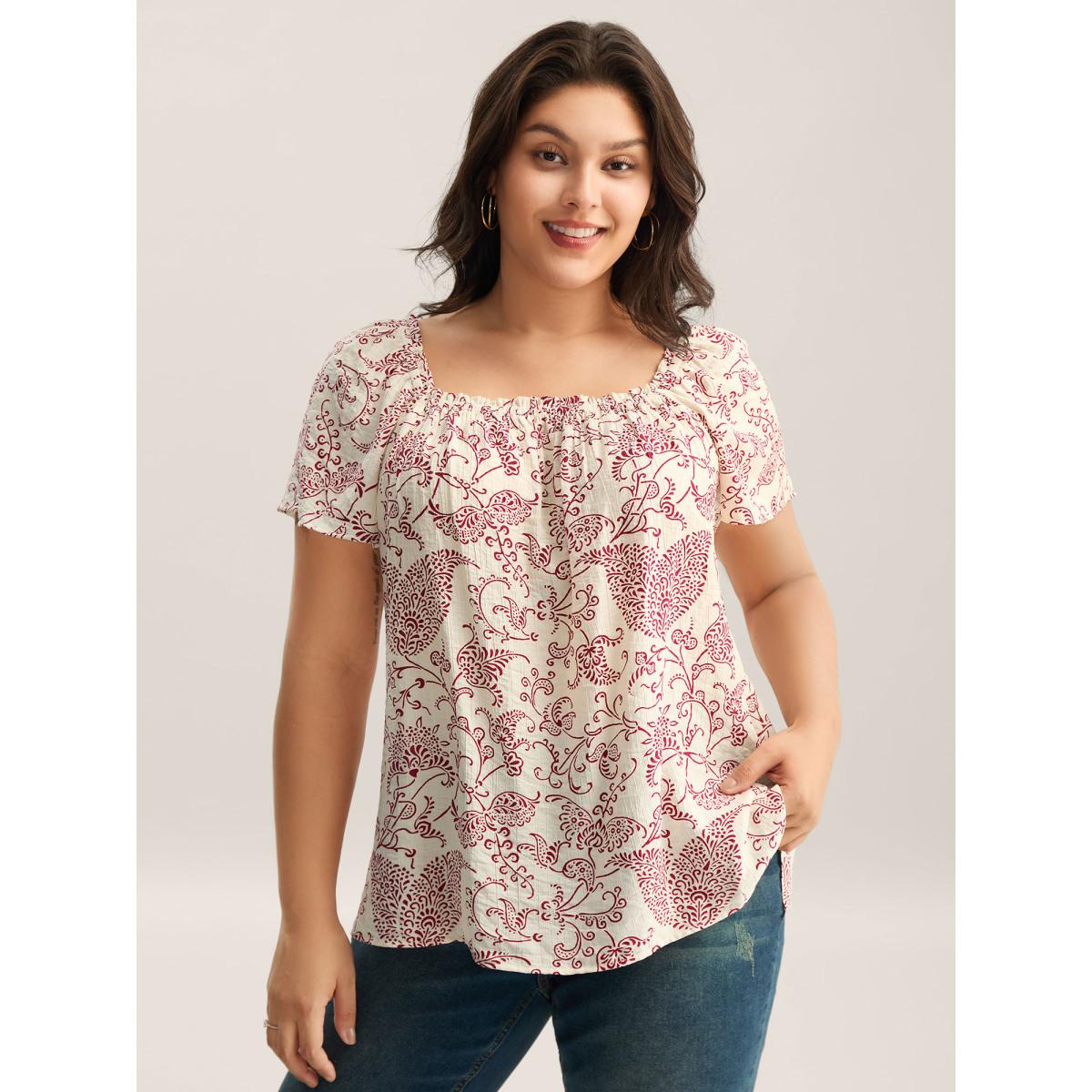 Plus Size Ivory Floral Print Shirred Neck Flowy Blouse Women Short sleeve Square Neck Vacation Blouses BloomChic 28/5X Product Image