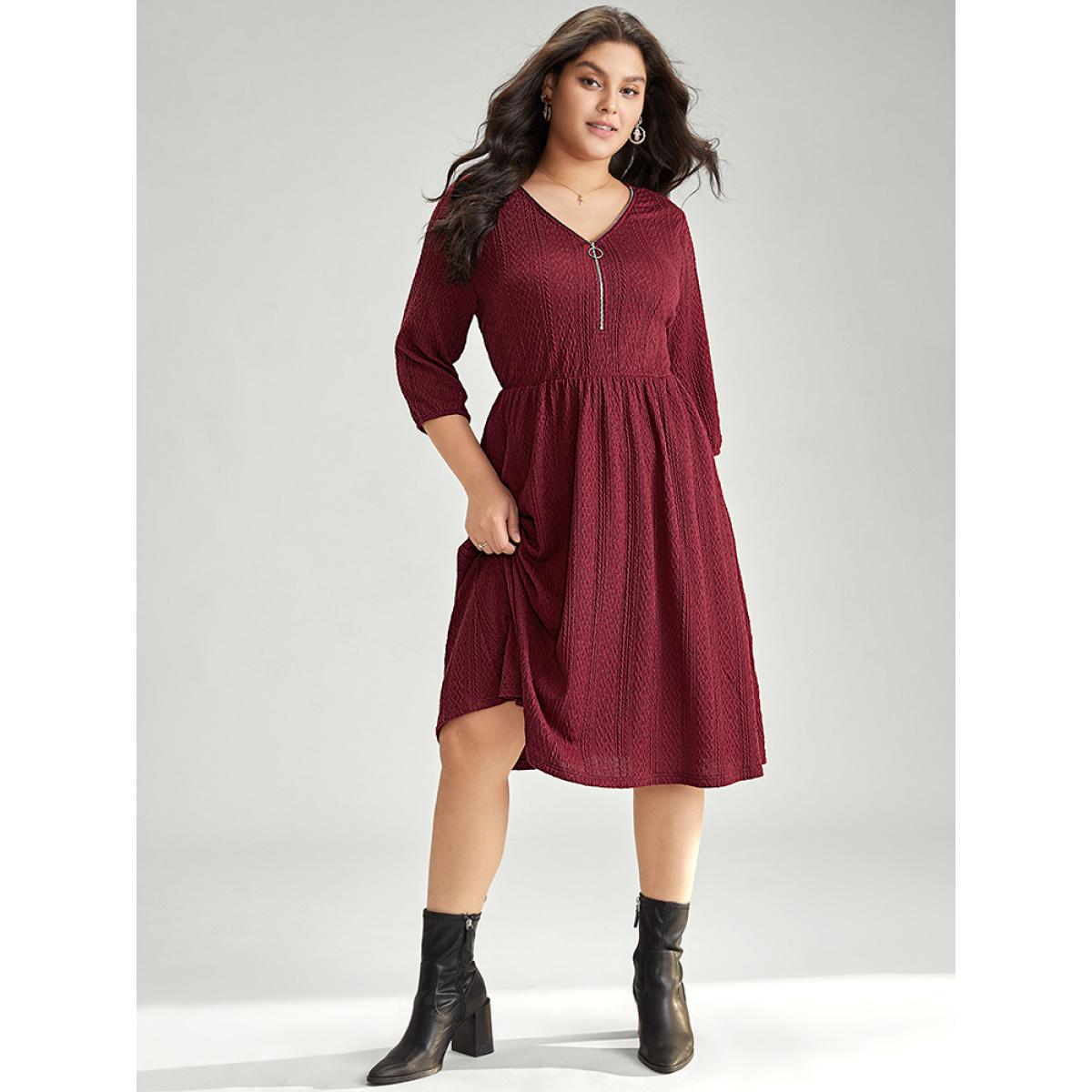 Plus Size Solid Half Zip Elastic Waist Lantern Sleeve Jacquard Dress Scarlet Women Casual Elastic cuffs V-neck Elbow-length sleeve Curvy Midi Dress BloomChic 12/L Product Image