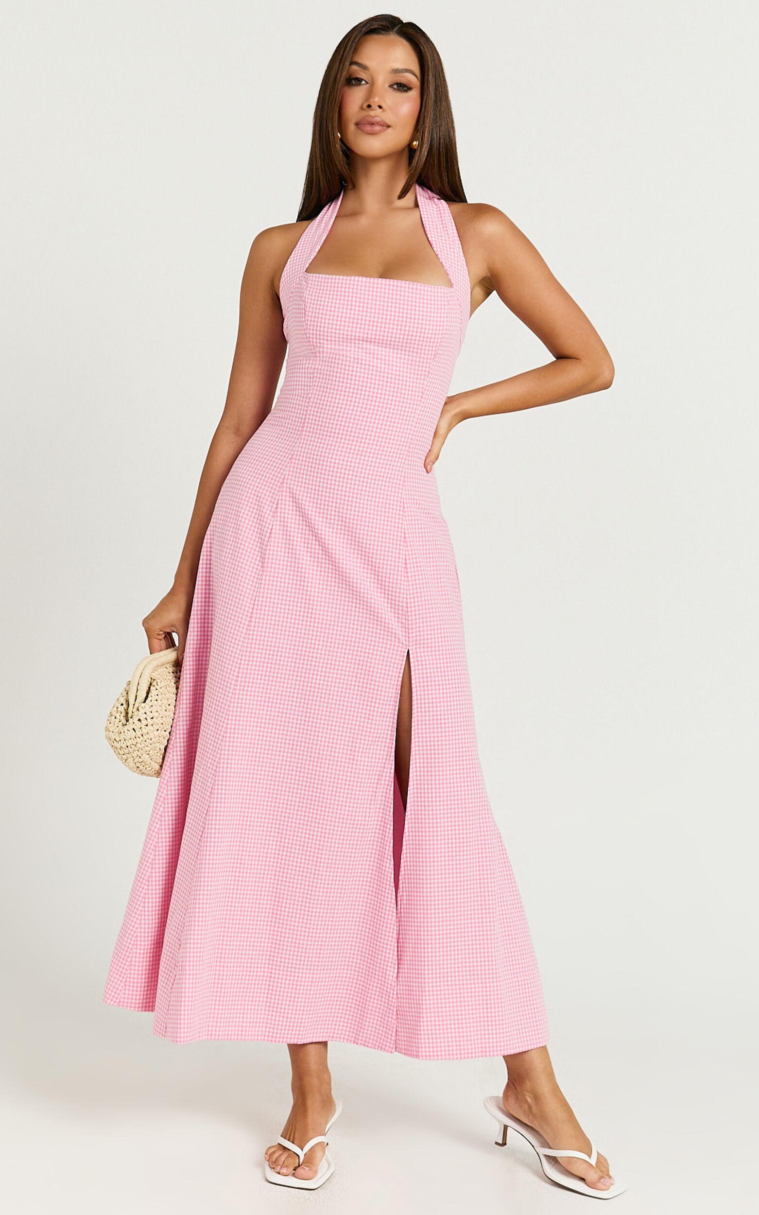 Narissa Midi Dress - Halter A Line Dress in Pink Gingham Product Image