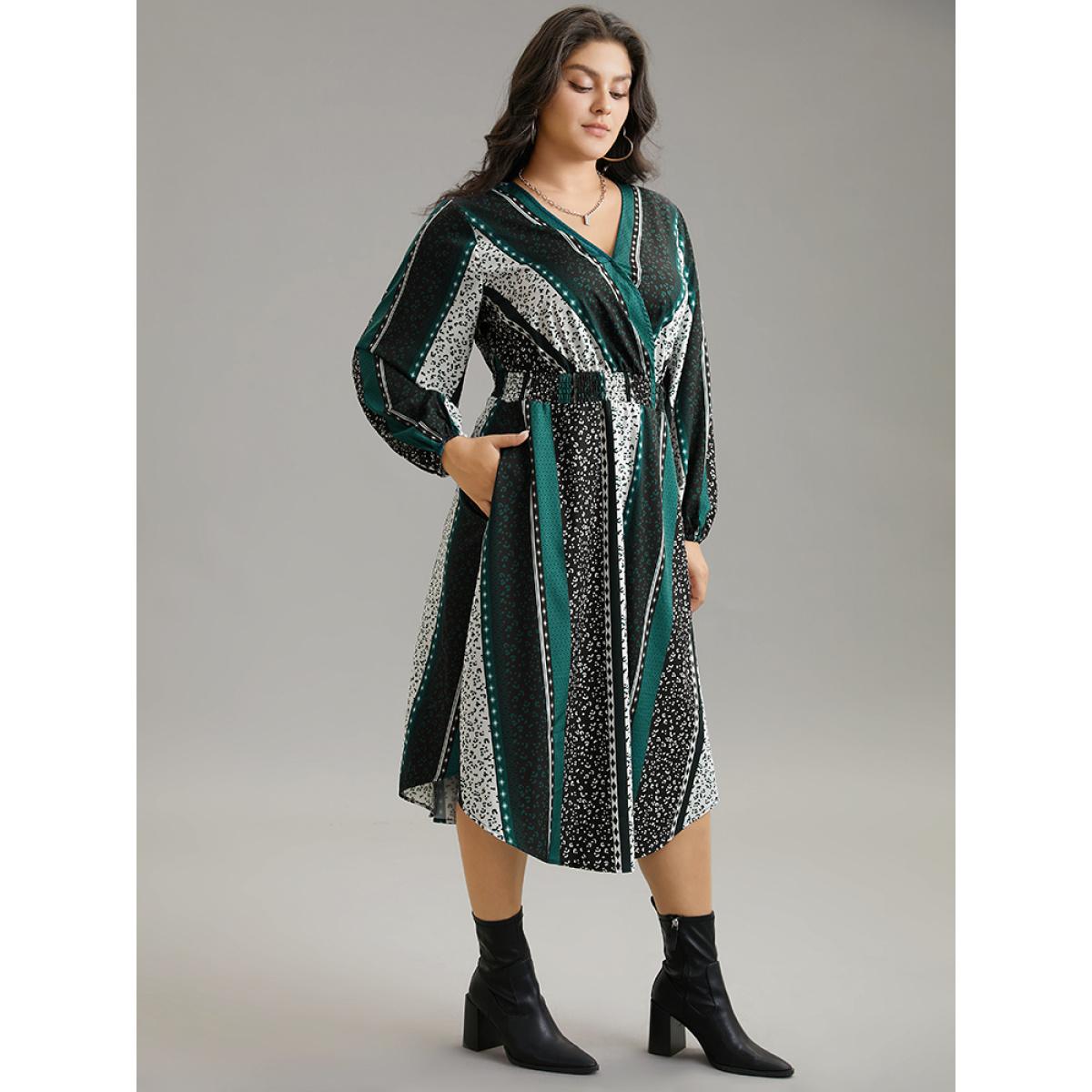 Plus Size Boho Print Striped Shirred Wrap Dress Emerald Women Vacation Elastic cuffs V-neck Long Sleeve Curvy Midi Dress BloomChic 10/M Product Image