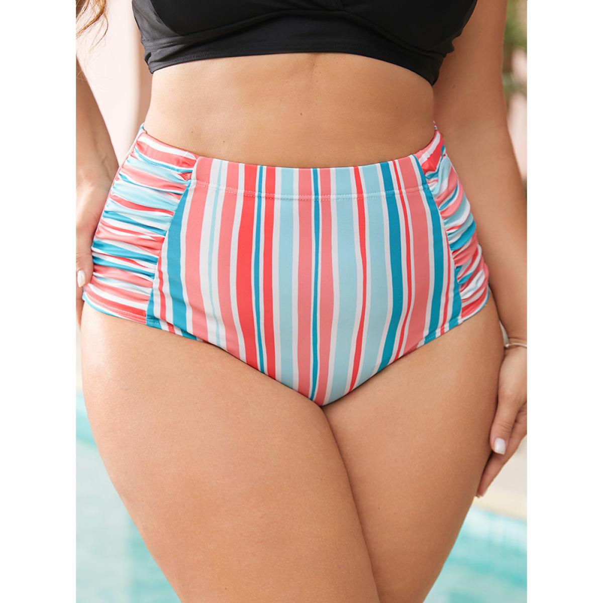 Plus Size Colorful Striped Ruched Swim Bottom Women's Swimwear Pink Vacation Gathered High stretch Skinny High Rise Curve Swim Bottoms BloomChic 30/6X Product Image