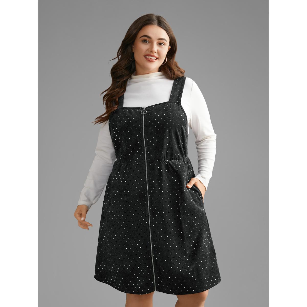 Plus Size Ditsy Floral Corduroy Pocket Zipper Fly Cami Dress BlackFlower Women Casual Printed Square Neck Sleeveless Curvy Knee Dress BloomChic 30/6X Product Image