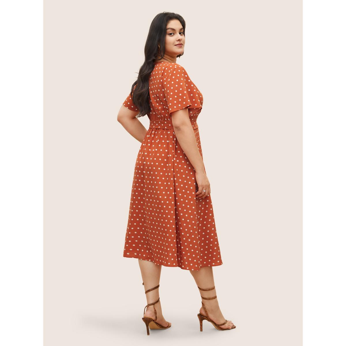 Plus Size Polka Dot Drawstring Belted Ruffle Sleeve Dress OrangeRed Women Elegant Non V-neck Short sleeve Curvy Midi Dress BloomChic 14-16/1X Product Image