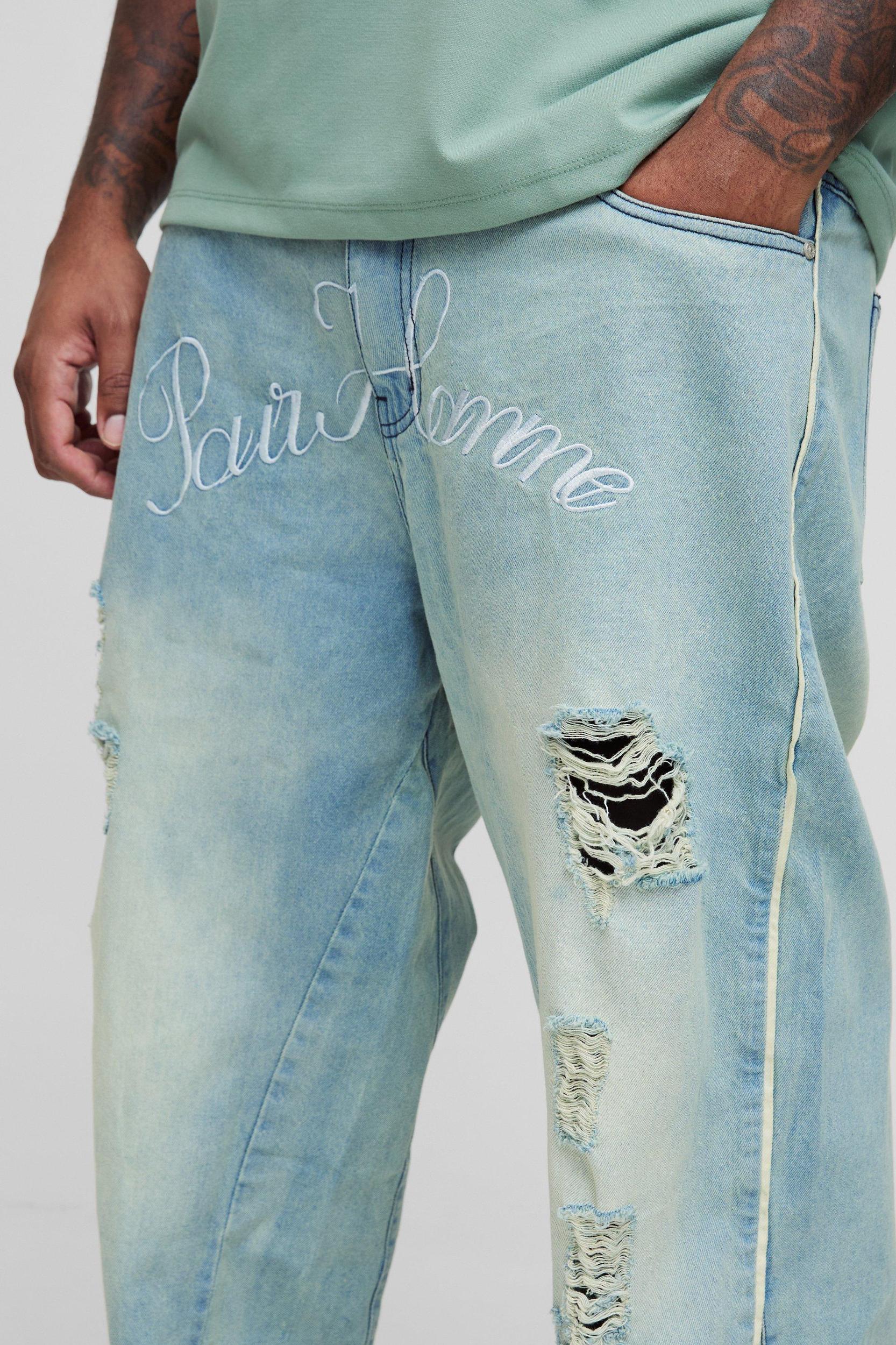 Plus Crotch Embroidered Distressed Gusset Flared Jeans | boohooMAN USA Product Image
