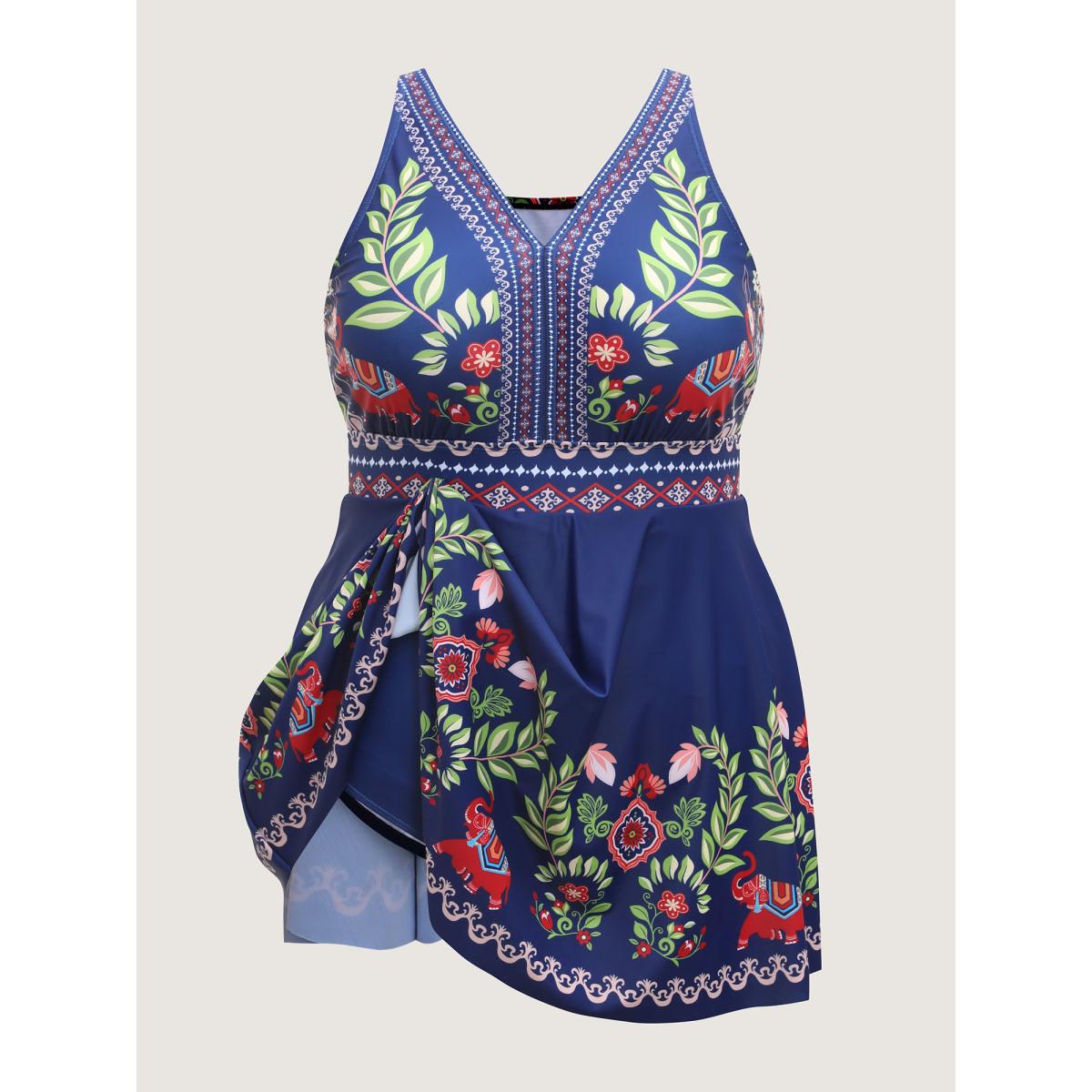 Plus Size Anti-Float Ties Floral Swim Dress Women's Swimwear Indigo Resort Bodycon V-neck High stretch Curve Swim Dresses BloomChic 14-16/1X Product Image