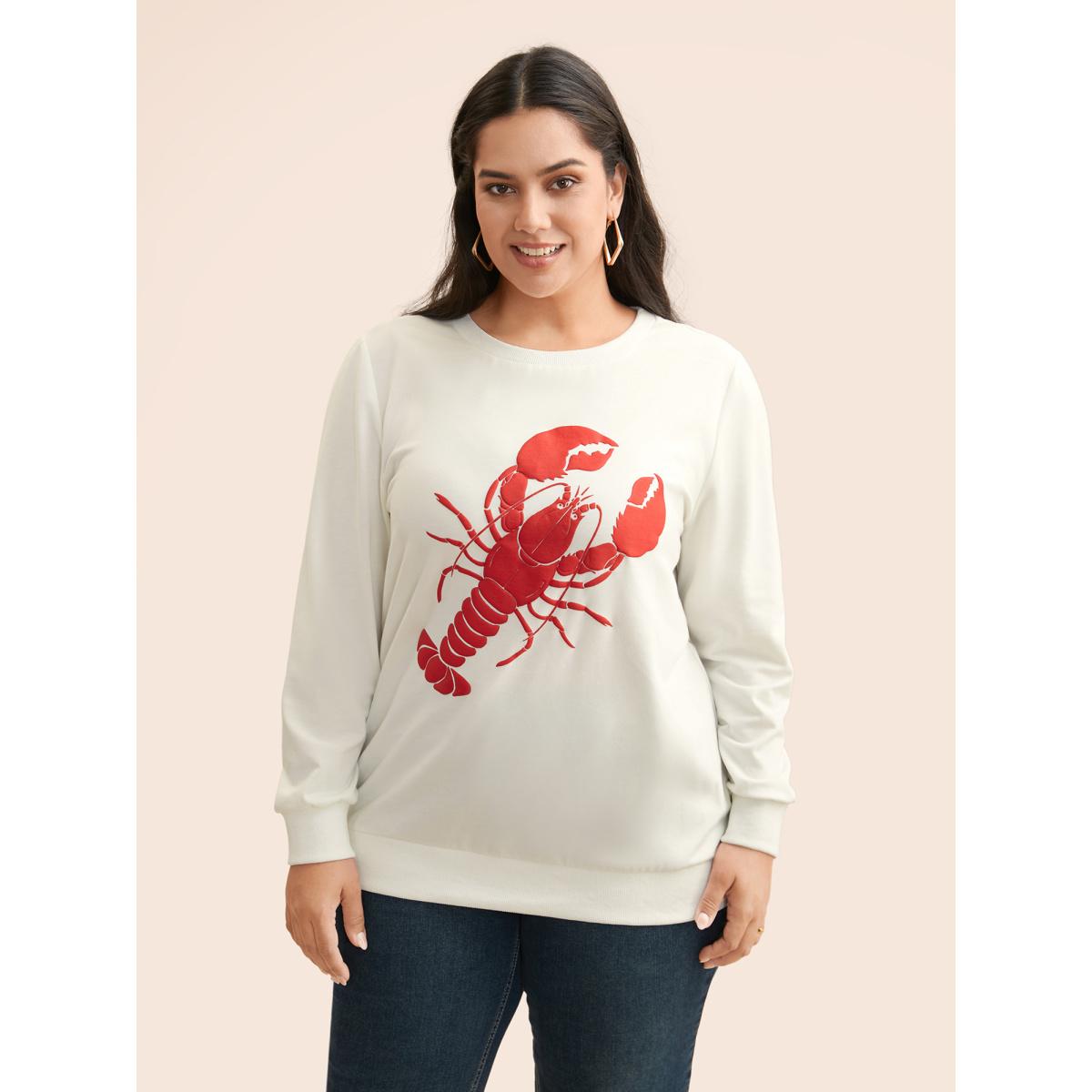Plus Size Lobster Pattern Round Neck Sweatshirt Women Originalwhite Casual Patchwork Round Neck Everyday Sweatshirts BloomChic 14-16/1X Product Image