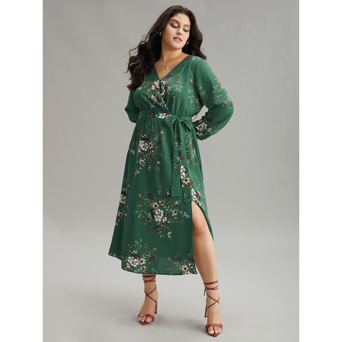 Plus Size Floral Print Belted Split Surplice Neck Dress Mint Women Elegant Elastic cuffs Overlap Collar Long Sleeve Curvy Midi Dress BloomChic 18-20/2X Product Image