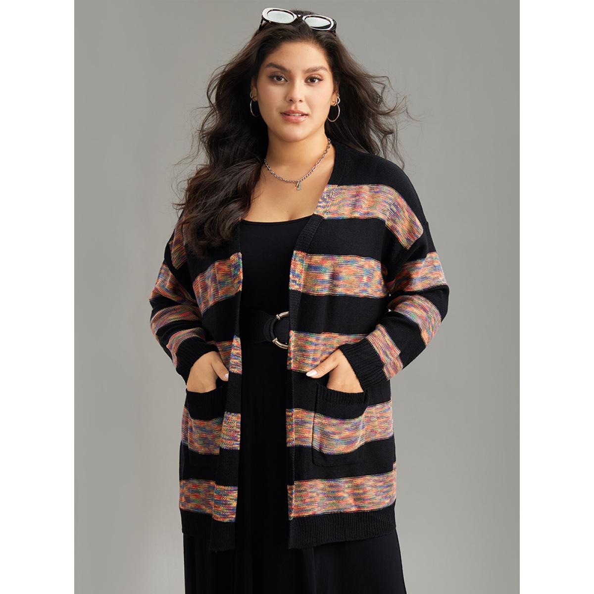 Plus Size Rainbow Contrast Open Front Cardigan Multicolor Women Casual Loose Long Sleeve Dailywear Cardigans BloomChic 18-20/2X Product Image