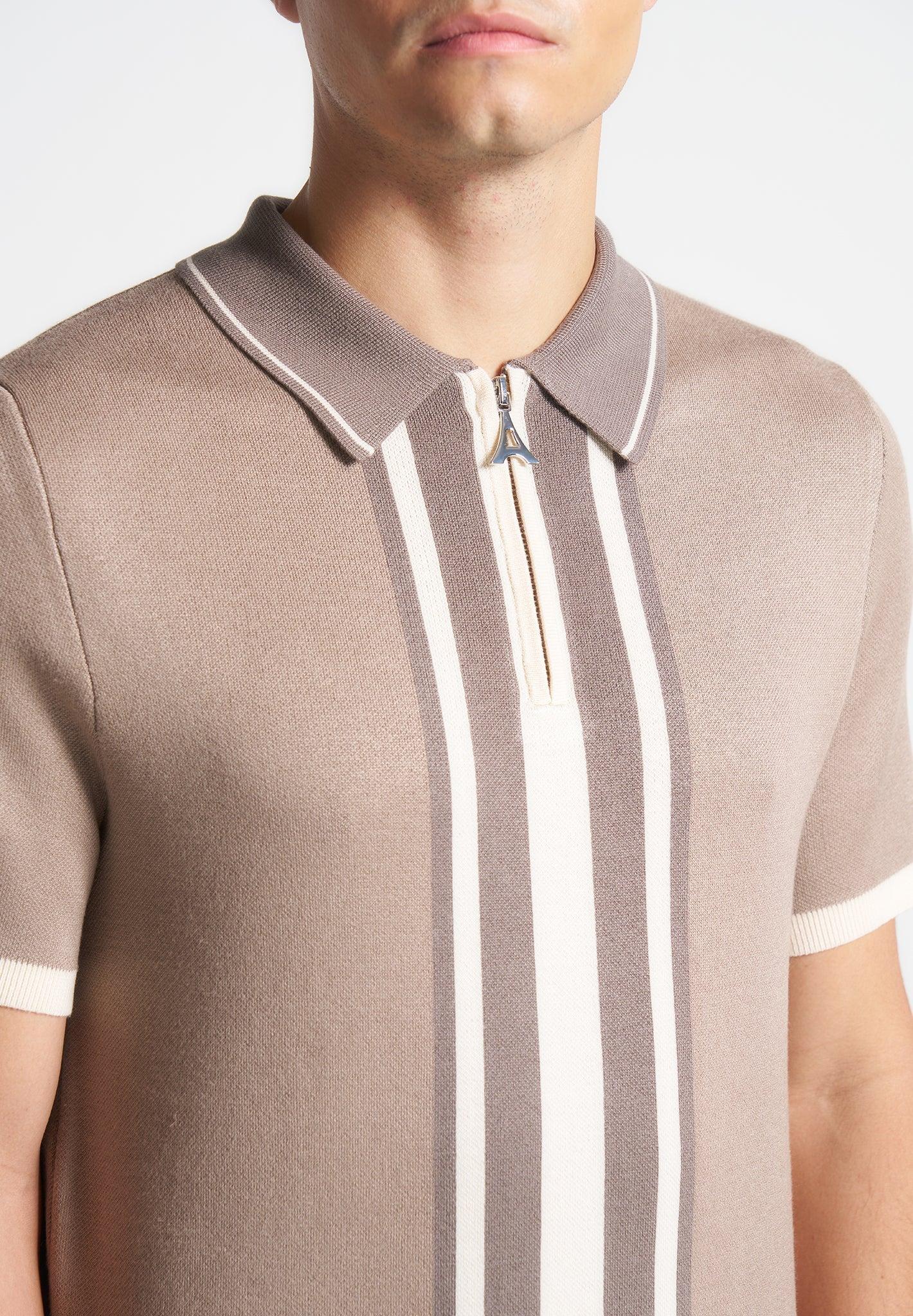 Contrast Border Knit Zip Polo Shirt - Taupe Male Product Image