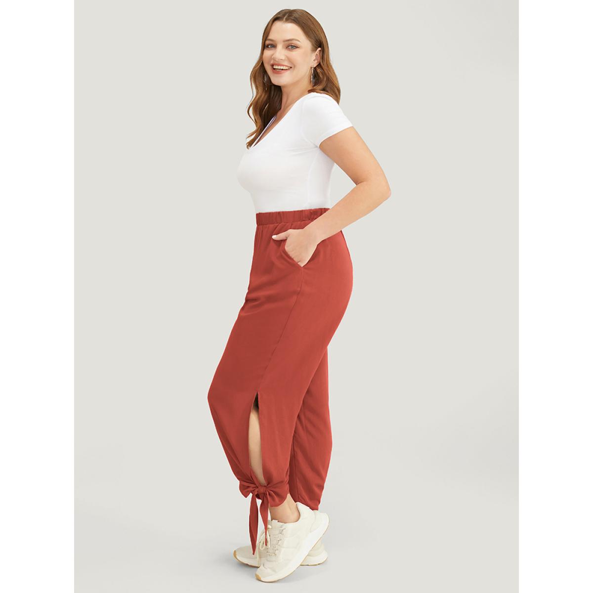 Plus Size Solid Knotted Split Hem Pocket Pants Women Rust Casual Loose High Rise Dailywear Pants BloomChic 14-16/1X Product Image