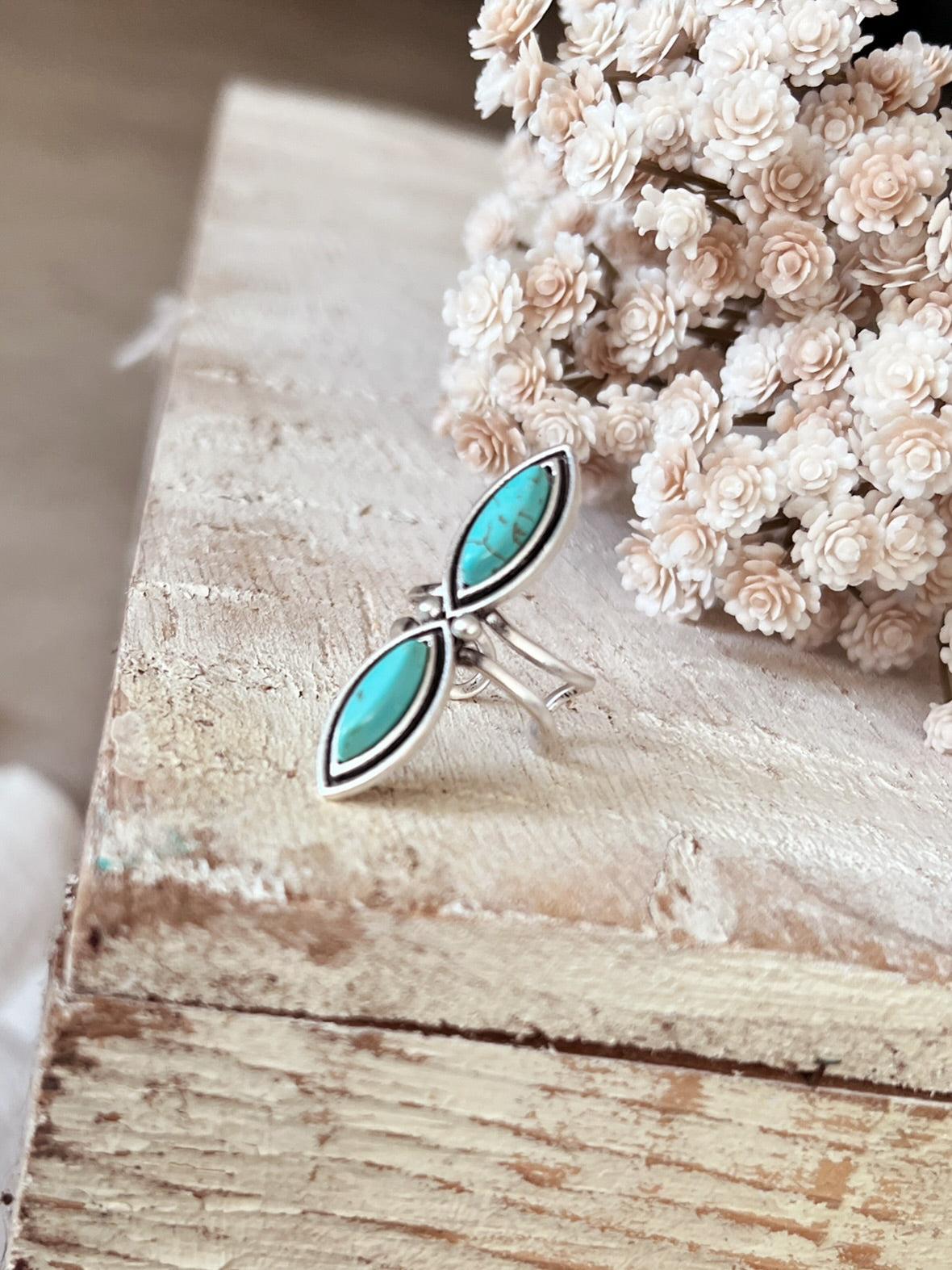 Elegant Two Turquoise Stone Adjustable Ring Product Image