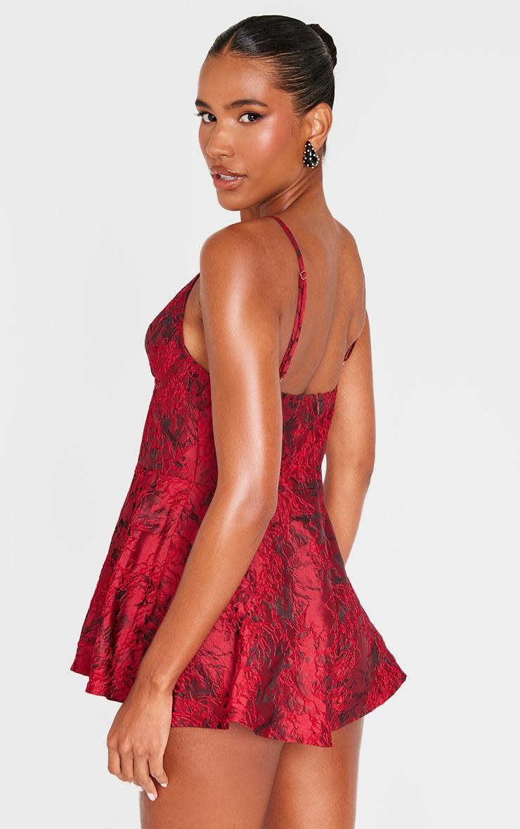 Burgundy Satin Jacquard Corset Detail Floaty Romper Product Image