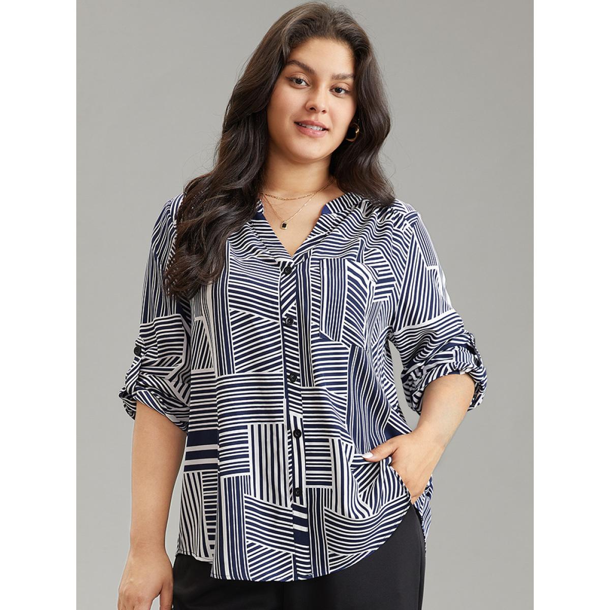 Plus Size Indigo Asymmetrical Striped Notched Tab Sleeve Blouse Women Office Long Sleeve Shirt collar Work Blouses BloomChic 18-20/2X Product Image