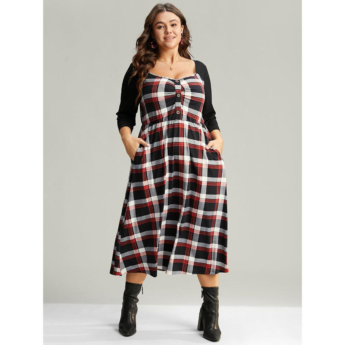 Plus Size Christmas Plaid Patchwork Pleated Square Neck Dress Red Women Office Printed Square Neck Elbow-length sleeve Curvy Midi Dress BloomChic 14-16/1X Product Image