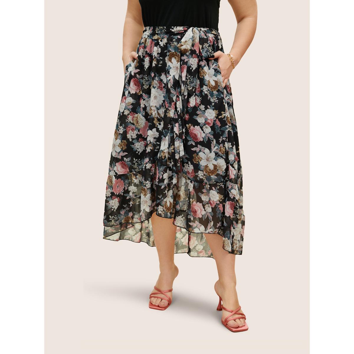 Plus Size Halter Neck Patchwork Floral Belted Dress Black Women Elegant Halter neck Sleeveless Curvy BloomChic 26/4X Product Image