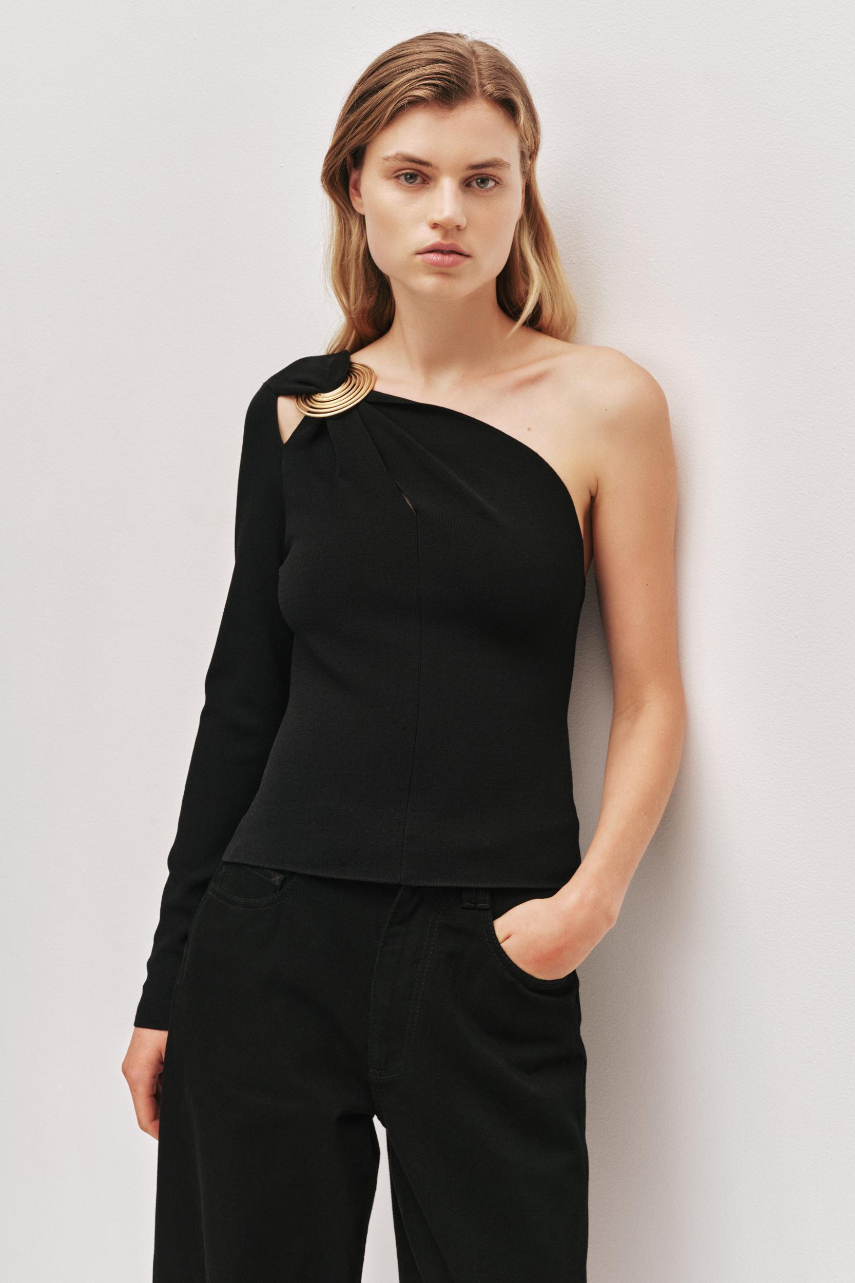 Rosabel Asymmetric Knit Top-BLACK / XXS Product Image