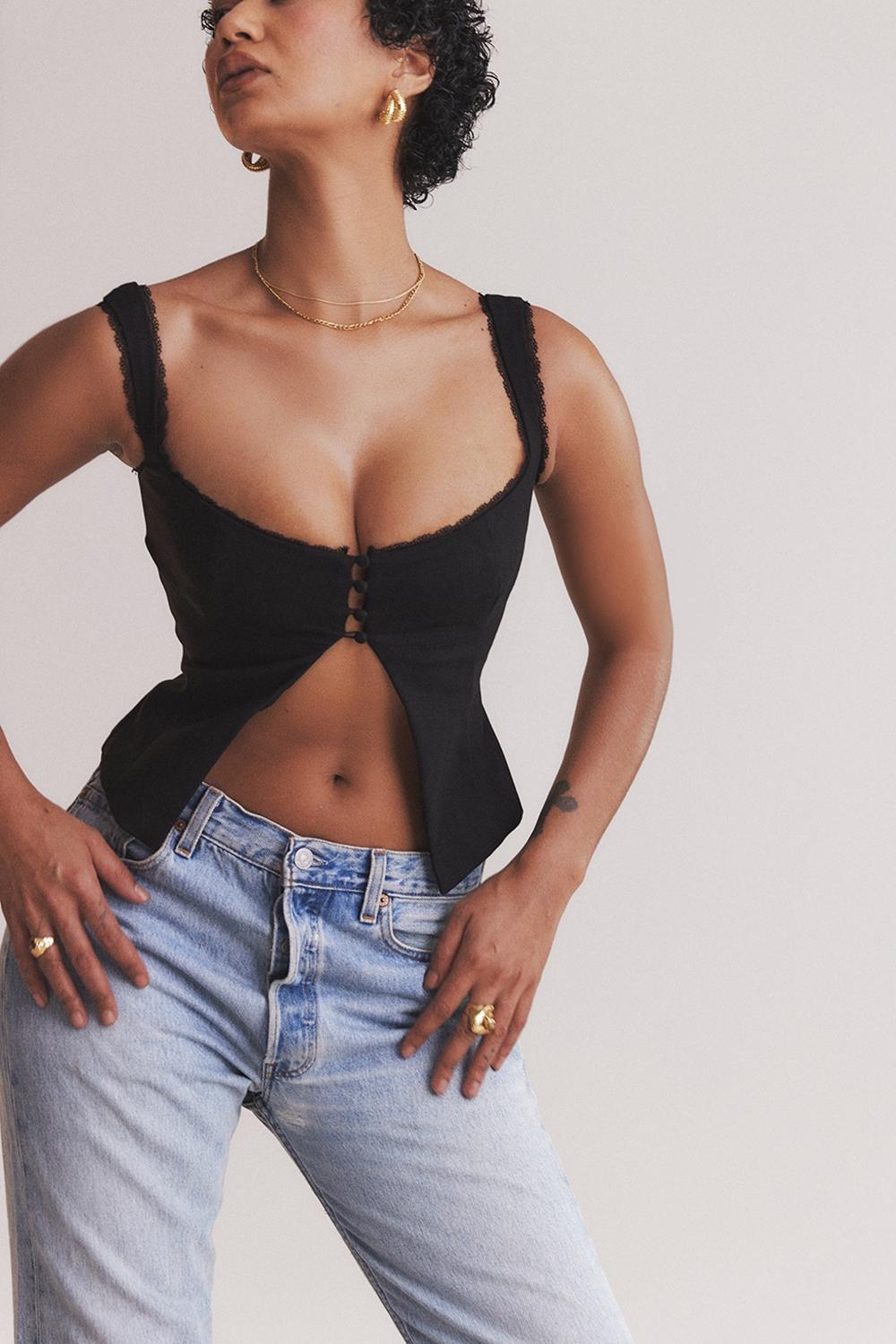 Noura  black lace trim top Product Image