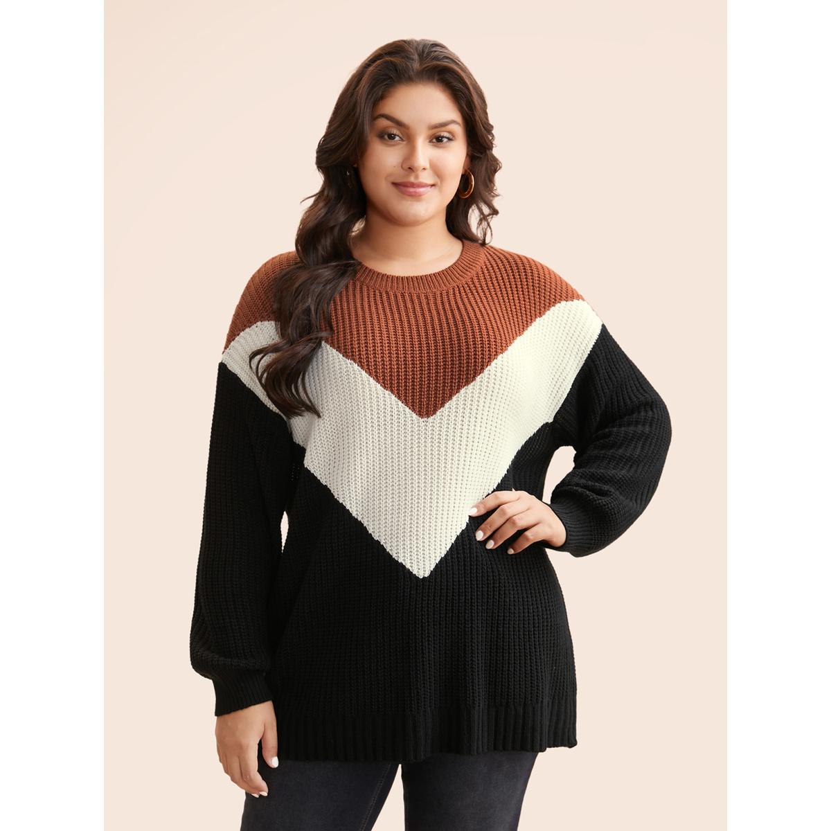 Plus Size Colorblock Contrast Lantern Sleeve Pullover Yellowishbrown Women Casual Loose Long Sleeve Round Neck Everyday Pullovers BloomChic 28/5X Product Image