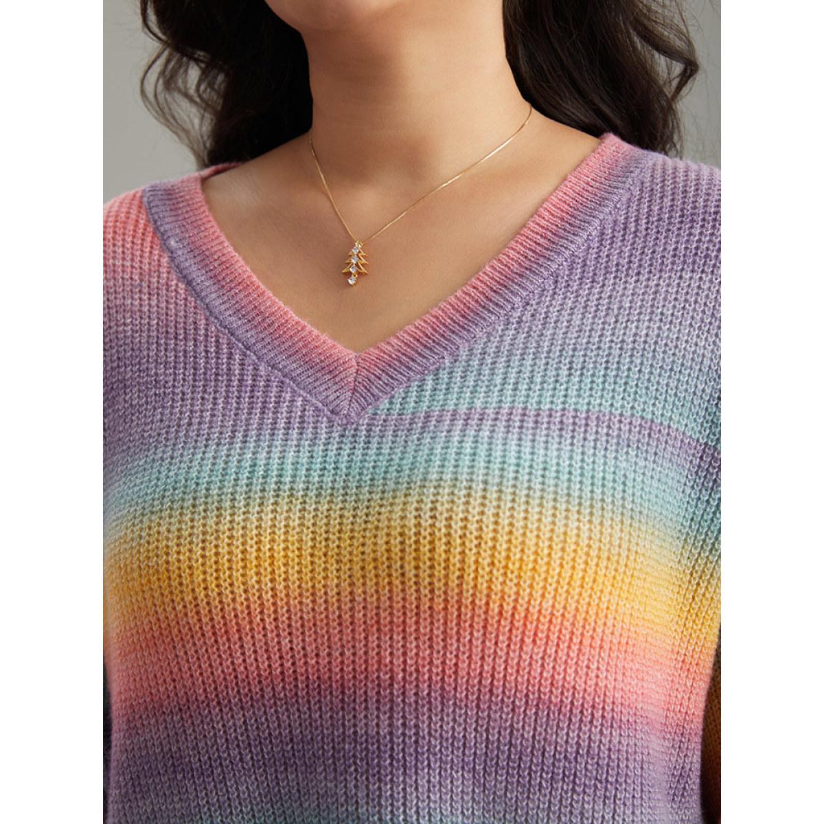 Plus Size Rainbow Ombre V Neck Loose Pullover Multicolor Women Casual Loose Long Sleeve V-neck Everyday Pullovers BloomChic 26/4X Product Image
