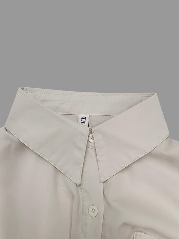 High-Low Long Sleeves Buttoned Drawstring Pleated Pockets Solid Color Lapel Midi Dresses Product Image