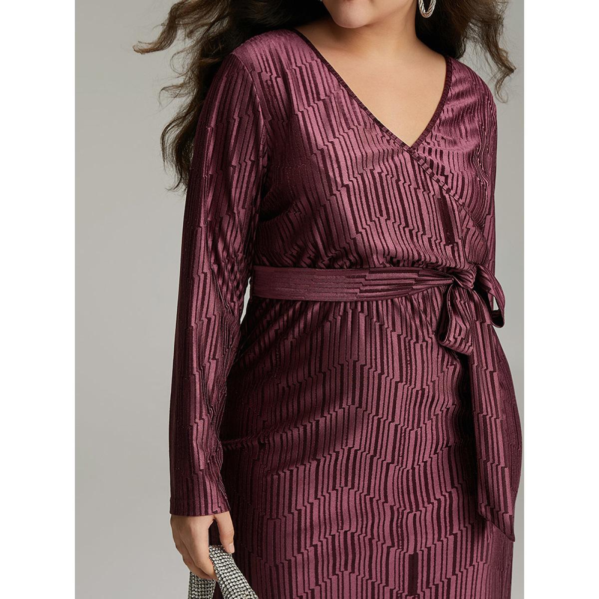 Plus Size Geometric Velvet Belted Split Hem Dress RedViolet Women Cocktail Wrap Overlap Collar Long Sleeve Curvy Knee Dress BloomChic 18-20/2X Product Image
