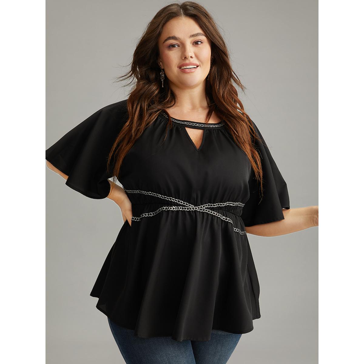 Plus Size Black Halloween Chain Print Keyhole Flutter Sleeve Blouse Women Glamour Half Sleeve Round Neck Festival-Halloween Blouses BloomChic 26/4X Product Image