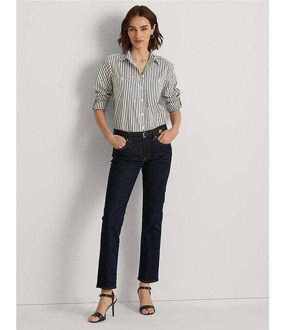 Lauren Ralph Lauren Long Roll-Tab Sleeve Striped Button Front Cotton Shirt Product Image