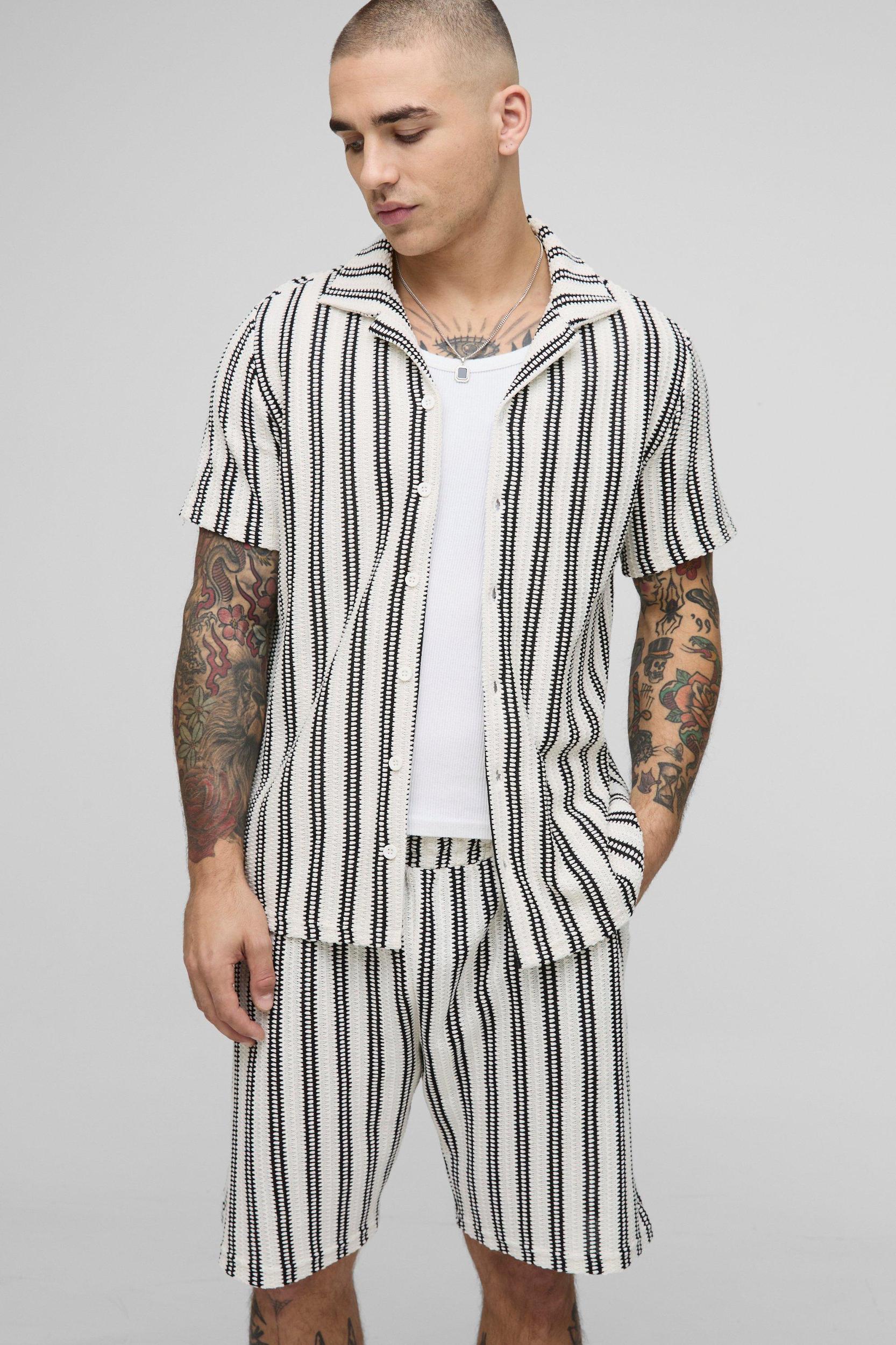 Regular Fit Textured Stripe Revere Collar Jersey Shirt and Shorts Set | boohooMAN USA Product Image