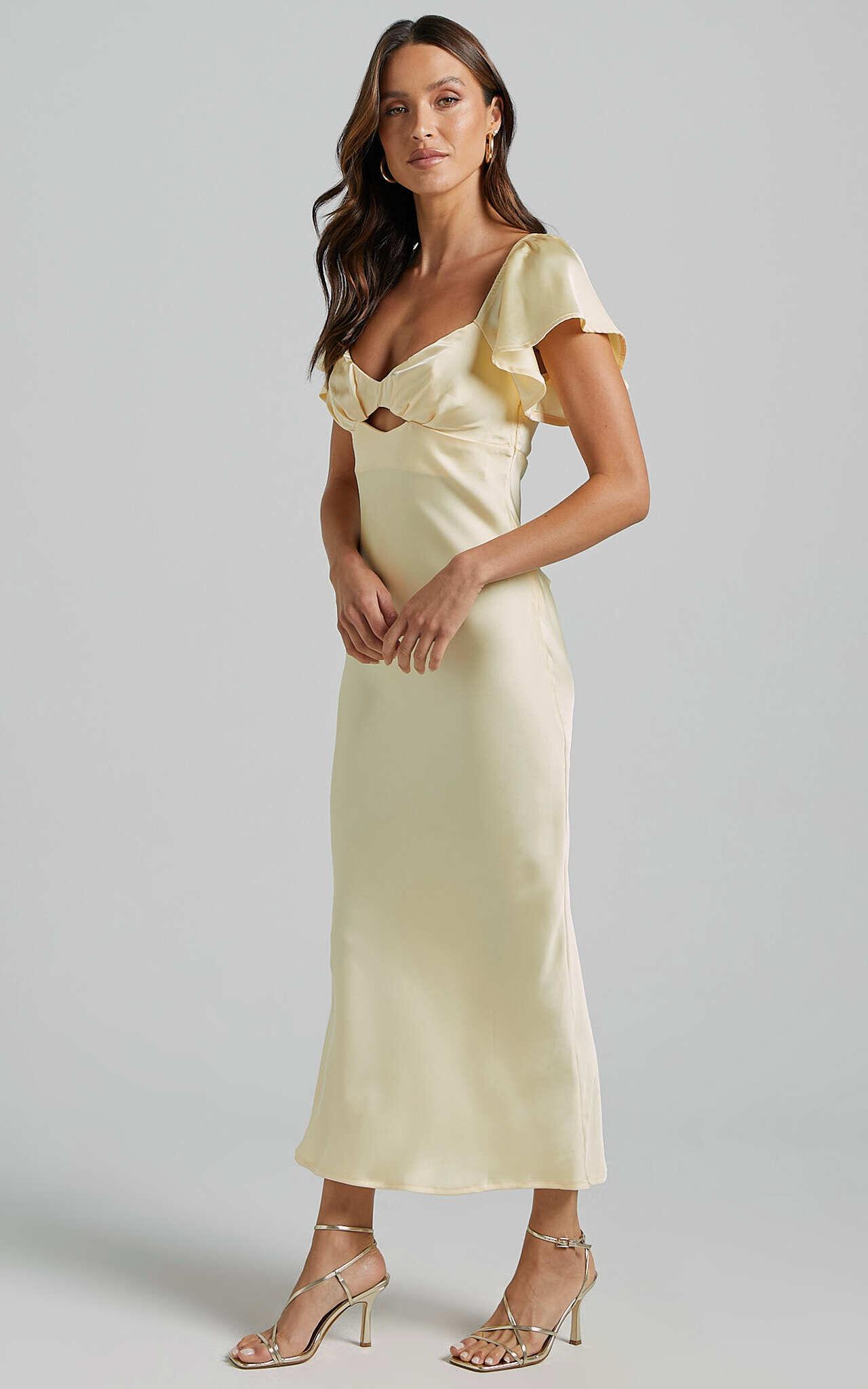 Emberlynn Midi Dress - Flutter Sleeve Cut Out Satin Dress in Butter Yellow Product Image