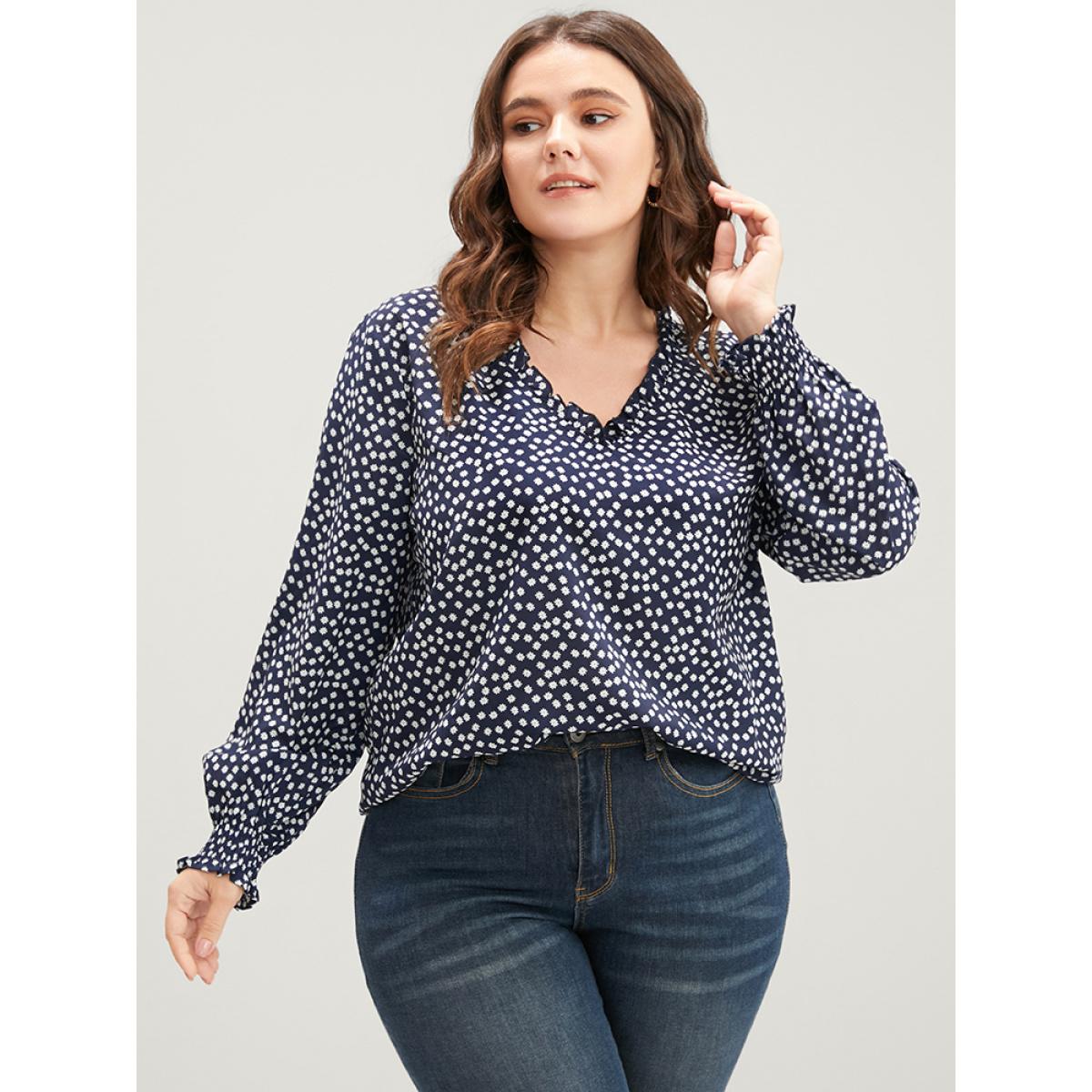 Plus Size Indigo Ditsy Floral V Neck Shirred Lantern Sleeve Blouse Women Elegant Long Sleeve V-neck Dailywear Blouses BloomChic 10/M Product Image