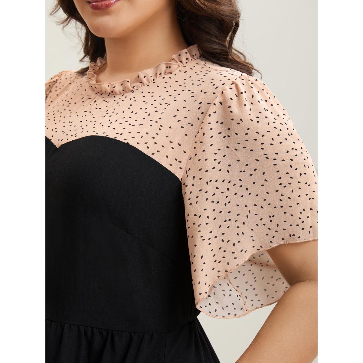 Plus Size Round Ruffled Neck Color Contrast Midi Dress Black Women Elegant See through Round Neck Short sleeve Curvy BloomChic 14-16/1X Product Image