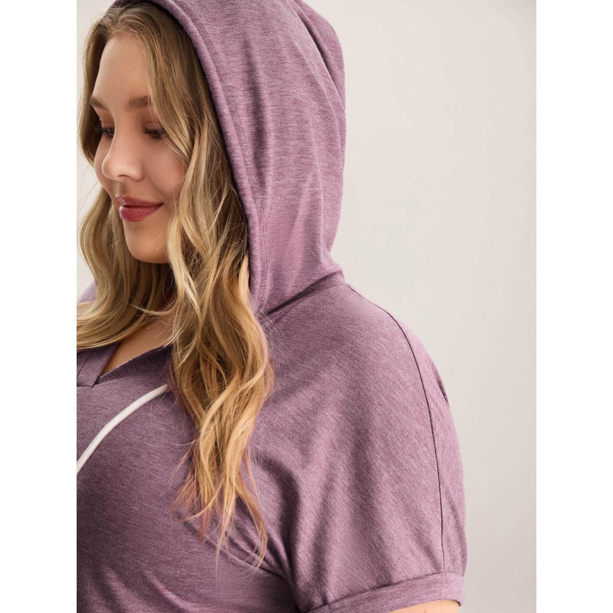 Plus Size Hooded Pockets Ties Plain T-Shirt Mauve Women Leisure Roll Hem Turtleneck Casual T-shirts BloomChic 14-16/1X Product Image