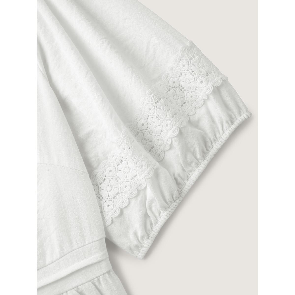 Plus Size Originalwhite Lace Trim V-Neck Puffy Sleeve Blouse Women Half Sleeve V-neck Everyday-Elegant Blouses BloomChic 12/L Product Image