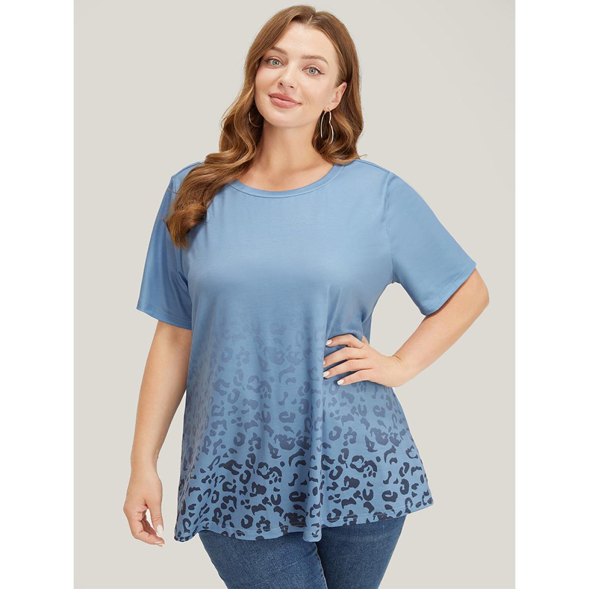 Plus Size Leopard Print Round Neck T-shirt Stone Women Casual Leopard Round Neck Dailywear T-shirts BloomChic 12/L Product Image