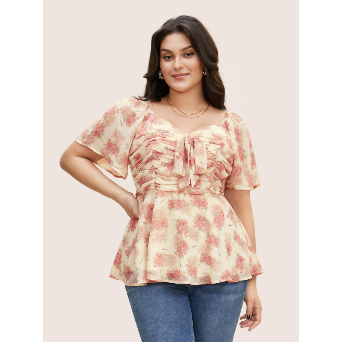 Plus Size Blush Heart Neckline Floral Tie Knot Ruched Blouse Women Elegant Short sleeve Heart neckline Everyday Blouses BloomChic 18-20/2X Product Image