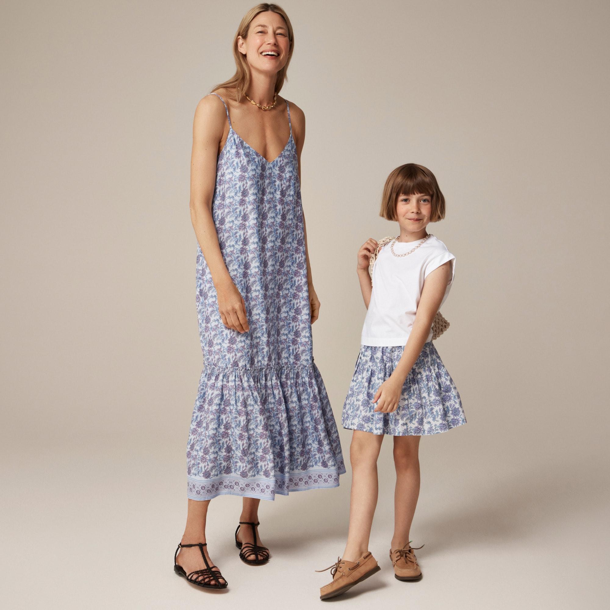 Tiered tie-waist dress in dusty periwinkle block print Product Image